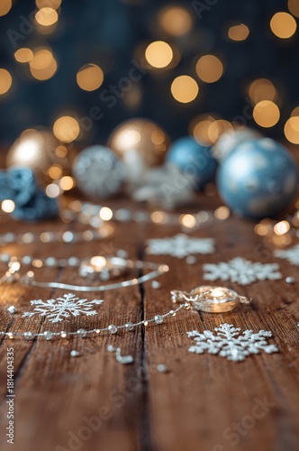 Festive Winter Decorations Featuring Ornaments and Snowflakes on a Wooden Sur...