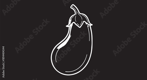 Minimalist white line drawing of an eggplant on dark background, simple and elegant food illustration.