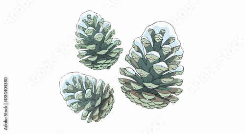 Three pine cones covered in snow isolated on a white background in a winter seasonal illustration
