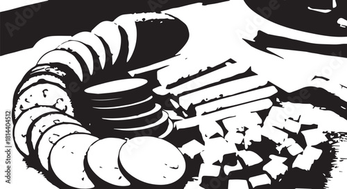 Monochrome illustration of sliced sausage and bread crackers arranged on a platter.