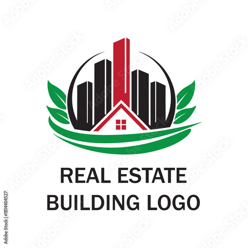 Real Estate Building Logo Design with House, Skyscrapers and Green Leaf Concept