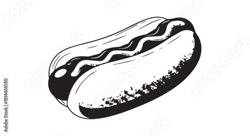 Illustration of a classic hotdog sandwich on a bun showing toppings and condiments.