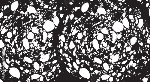 Abstract black and white bubble pattern with circular foam texture and scattered speckled circles.