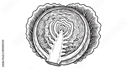 Detailed monochrome illustration of a hand reaching into a circular layered cross section with a surreal interior and concentric rings.