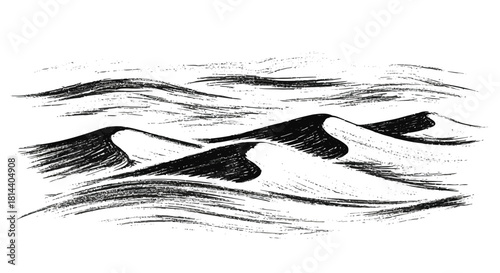 Sketchy black ink hand drawn desert dunes on white background