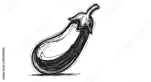 Minimalist sketch of a glossy eggplant with curved stem and shadow.