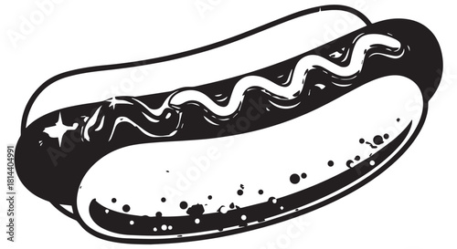 Simple black and white illustration of a classic hotdog in a bun.