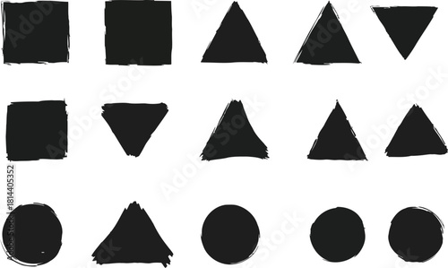 Distressed grunge geometric shapes set with rough ink outlines