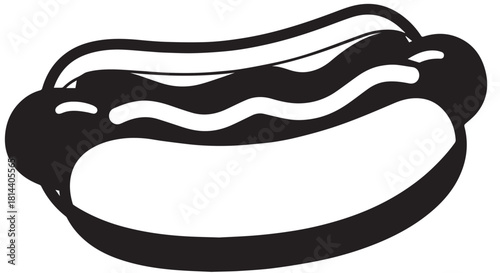 Illustration of a classic hot dog in a bun with condiments on a plain background.