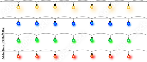 Coloring glowing string lamp led border decoration holiday card background, celebration banner happy year, party design transparent vector winter 