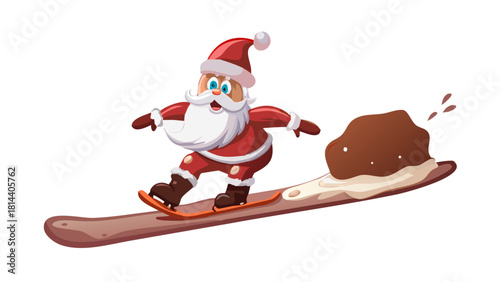 Cartoon Santa surfing on a snowboard made of chocolate
