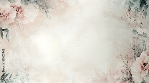 Softly colored floral elements frame a pale, ethereal background space.