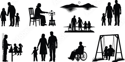 Family and Outdoor Activity Silhouette Vector Icon Set, Featuring Parents and Children, Disability Inclusion, Swings, Lakeside View, and Spending Quality Time Together.