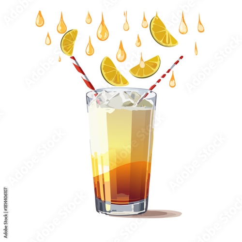 Refreshing Tall Glass Cocktail with Ice Cubes and Orange Slices Garnishing Topped with Falling Citrus Drops and Red Striped Straws Against White Background Vibrant Summer Beverage