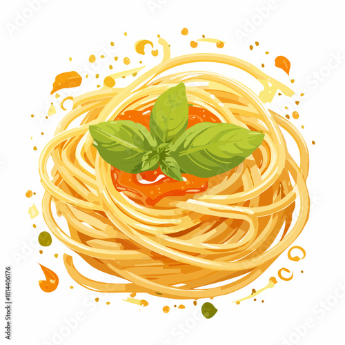 Whimsical Illustration of Spaghetti with Tomato Sauce and Fresh Basil Garnished with Splattered Orange and Green Accents on a White Background