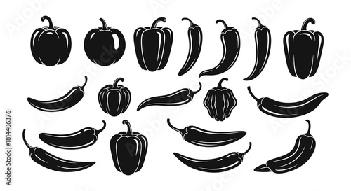 A collection of various black and white pepper illustrations in different shapes