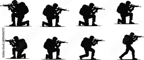 Military Soldier and Special Forces Silhouettes Vector Icon Set, Featuring Armed Infantryman in Combat Stance, Kneeling, Aiming Rifle, and Carrying Heavy Backpack for War Graphics.
