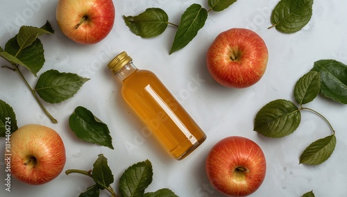Fresh Apple Juice in a Glass Bottle Surrounded by Red Apples and Green Leaves