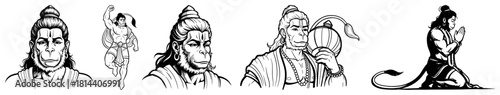 Hanuman Hindu Monkey God Vector Line Art Illustration Set