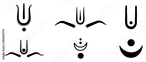 Set of hand drawn Hindu Tilak forehead markings vector illustration of religious symbols for Vaishnavism including Urdhva Pundra and bindi shapes in black and white style