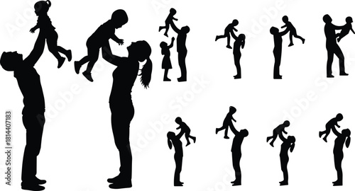 Parents Tossing and Holding Baby Silhouette Vector Set, Illustrating Father, Mother, and Child Playing Together with Love, Joy, Care, and Bonding, Representing Family Fun.