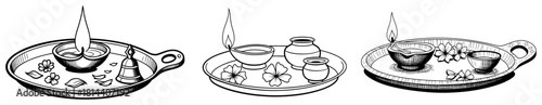 Hand drawn Hindu Puja Thali set with holy items vector illustration of prayer plate with Diya lamp flowers and bell for Aarti worship ceremony in sketch style