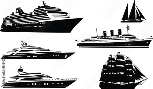 Nautical Vessels Silhouette Vector Icon Set, Featuring Luxury Cruise Ship, Ocean Liner, Modern Super Yacht, Classic Sailboat, and Vintage Tall Ship for Travel and Sea Transport.