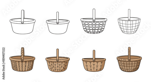 Collection of eight hand-drawn wicker and woven baskets for various uses.