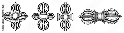Set of Vajra or Dorje ritual weapons Vector black and white engraving illustration Tibetan Buddhist symbol of thunderbolt and diamond