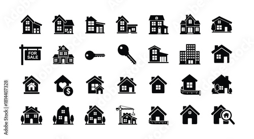 Real estate icons depicting houses keys sales and property investment options