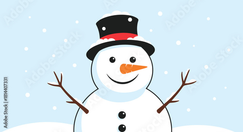 Close-up illustration of a cheerful snowman with a black top hat and a carrot nose on a snowy day.