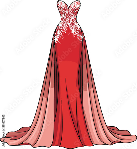 Red Evening Gown with Glitter Bodice, Sweetheart Neckline and Gradient Train, Elegant Formal Dress for Fashion Vector Illustration