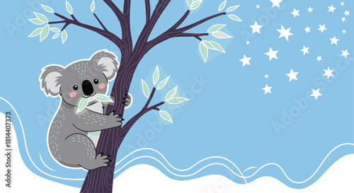 Cute cartoon koala clinging to a tree branch with leaves in its mouth, surrounded by stars.