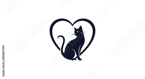 Silhouette of a black cat sitting inside a heart outline on a white background.