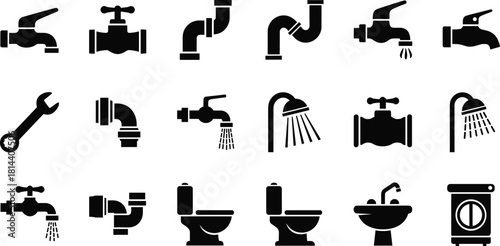 Plumbing and Sanitary Fixtures Flat Black Silhouette Vector Icon Set, Including Faucets, Pipes, Toilets, Showers, Sinks, Spanner Wrench, and Valves for Home Repair and Utility Installation.