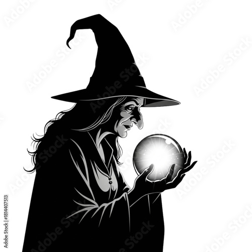 Black Silhouette of a Witch Holding a Glowing Crystal Ball on Transparent Background in Mystical and Magical Fantasy Style.svg