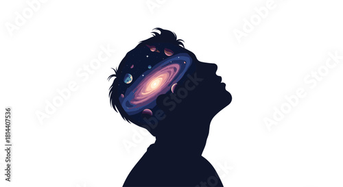 Silhouette of a person looking up with a galaxy and planets inside their head.