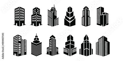 Collection of various black and white building icons isolated on white background