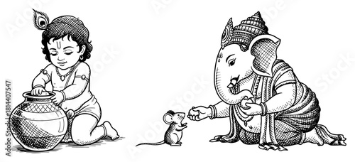 Cute Baby Krishna And Baby Ganesha Playing Line Art Hindu God Vector