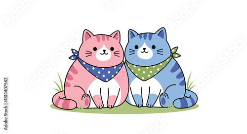 Two cute cartoon cats, one pink and one blue, sitting together wearing bandanas.