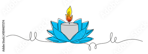 Continuous line art of a candle with a burning flame and flowers beside it. The concept of a moment of silence. This image is for religious celebrations. Vector illustration with attractive colors.