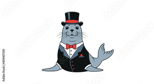 Cartoon seal wearing a tuxedo and top hat, looking dapper.