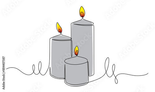Continuous line art of a candle with a burning flame. The concept of a moment of silence. This image is for religious celebrations. Vector illustration with attractive colors.
