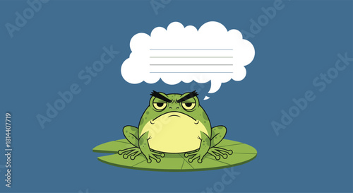An angry cartoon frog sits on a lily pad with a thought bubble above its head.