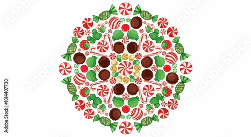 Circular arrangement of various candies including lollipops chocolates and wrapped sweets on white background