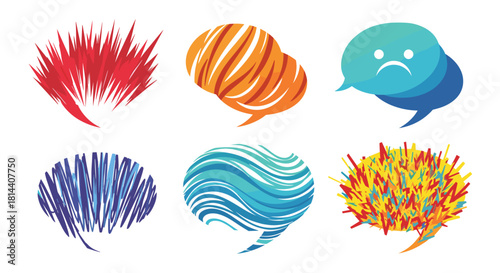 Set of six stylized speech bubbles with diverse abstract artistic designs and colors.