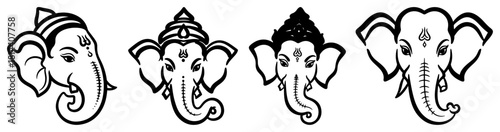 Lord ganesha head icons set hand drawn line art vector illustration