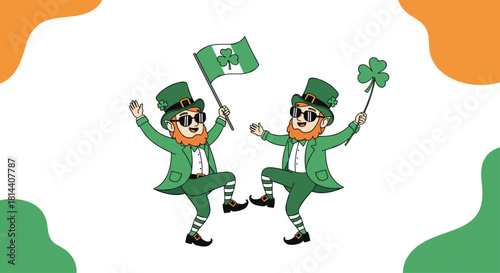 Two cheerful leprechauns dancing and celebrating with shamrocks and a flag.