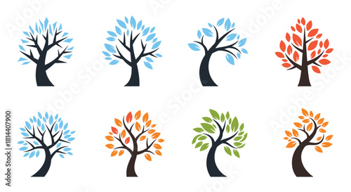 Collection of eight stylized trees with different colored leaves representing seasons.