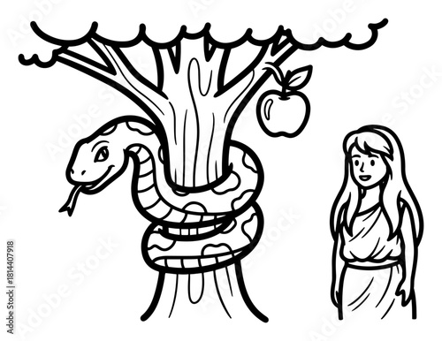 Biblical scene of Eve and the serpent snake on the Tree of Knowledge with forbidden fruit apple representing original sin